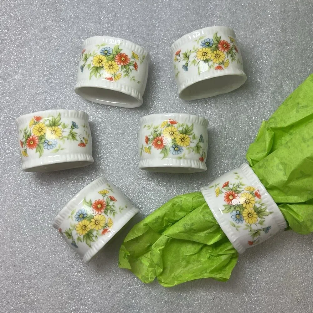 Vintage Set (6) Lefton JAPAN Porcelain Floral NAPKIN RINGS #01895 Cottagecore